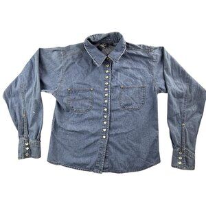 I AM Shirt Womens Medium Blue Denim Western Pearl Snap Button Up Top Cowgirl Y2K